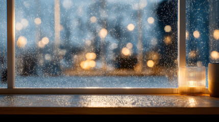 Rainy window scene with blurred city lights and cozy candle glow evokes a serene and atmospheric mood ideal for reflective moments providing tranquil indoor ambiance and peaceful