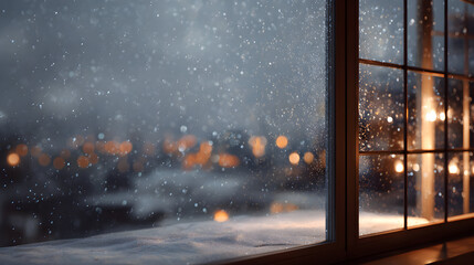 Snowfall outside cozy window lights twinkling in winter evening scenic urban landscape with blurred background offering a peaceful and serene atmosphere during a cold weather night