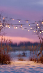 Winter Serenity Scene with Glowing String Lights Illuminating a Snow Covered Path in a Dreamy Purple Sunset Landscape Evening winter magical light snow nature calm holiday dusk