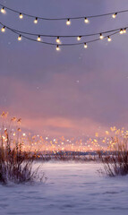 Winter twilight landscape scene with snow-covered ground reeds string lights soft pastel sky serene atmosphere festive mood tranquil winter night background illuminated bulbs