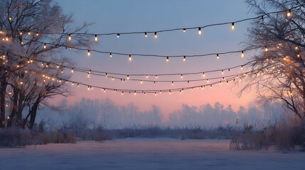 Magical winter landscape with snow covered ground bare trees and twinkling string lights illuminating a serene twilight sky perfect for a holiday season background with gentle