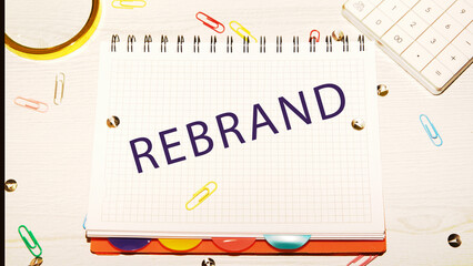 Rebrand text on a notebook sheet on the desktop next to office supplies