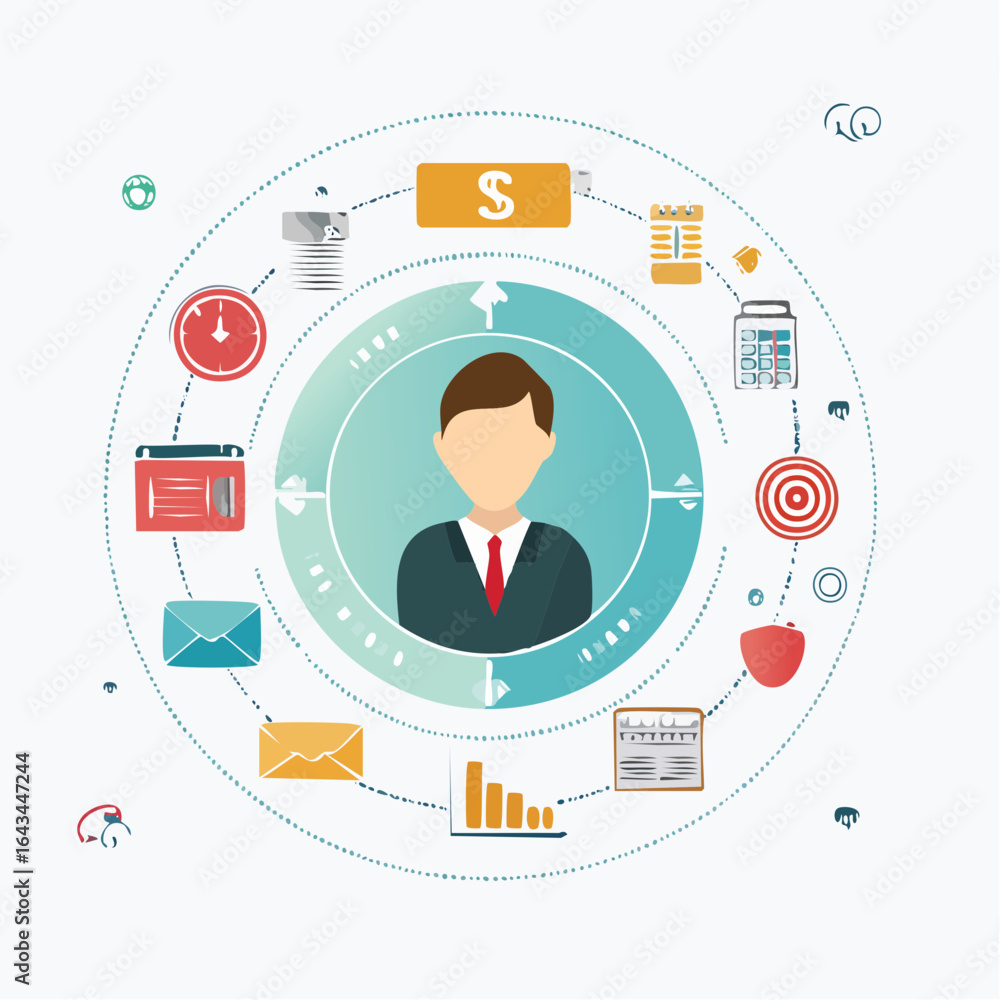 Poster business management and personal productivity concept with worker surrounded by task icons