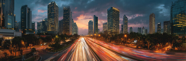 Fototapeta premium Drone capture stun city shot aerial view of tower skyscraper light night time panorama.