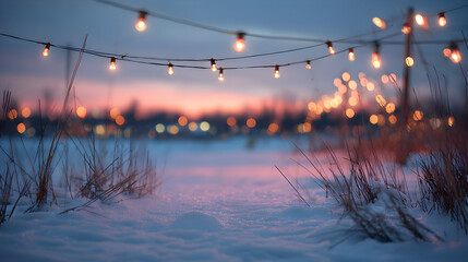 Aesthetic winter scene with softly glowing string lights hung over snow covered ground during sunset creates a romantic and inviting atmosphere enhancing the magical landscape