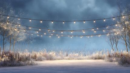 Enchanting winter landscape with glowing string lights snowy fields and bare trees creating a magical holiday atmosphere perfect for seasonal celebrations and peaceful winter