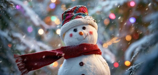 The delightful snowman surrounded by colorful holiday lights in winter wonderland.