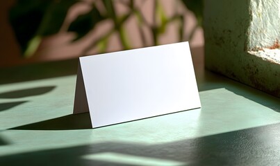 Blank card mockup template for branding identity presentation on green table surface near window