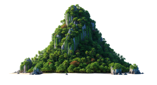 Triangular Tropical Island with Steep Cliffs and Dense Green Vegetation Isolated on White Background