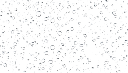 transparent water drops on a clear surface, condensation effect with light reflections and refractions, floating droplets in various sizes, isolated PNG on white background, high detail and sharp clar