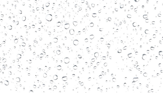 transparent water drops on a clear surface, condensation effect with light reflections and refractions, floating droplets in various sizes, isolated PNG on white background, high detail and sharp clar