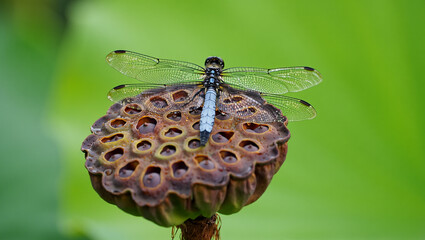 Dragonfly perched on a dried lotus seed pod with blurred green background