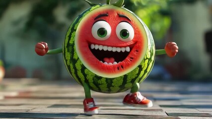 A cartoon watermelon runs down a city sidewalk, conveying joy and playfulness