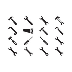 Naklejka premium Collection of black silhouettes of various tools isolated on white background