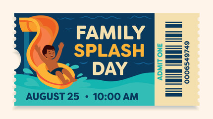 Waterpark Ticket. Admit one ticket with barcode to the waterpark with a boy riding a colorful slide. Fun summer entertainment for kids and families © AyaLinesDesign
