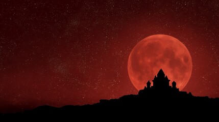 Full moon glowing in a dark night sky over a city silhouette