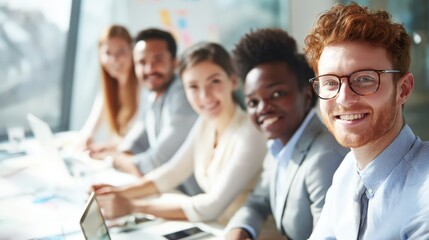 Obraz premium Cheerful young businessman with red hair and glasses leading team discussion in contemporary office with diverse colleagues collaborating