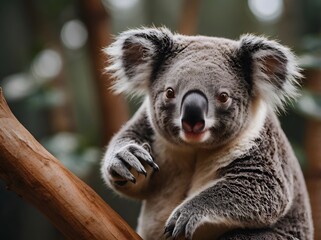 Close-up of a koala with fluffy ears and curious expression in natural habitat.