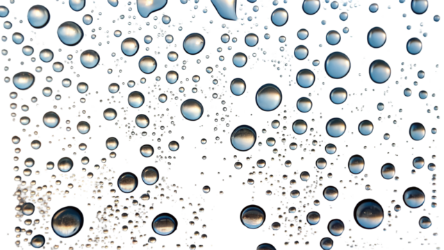 Realistic transparent water drops on a clear surface, condensation effect with light reflections and refractions, floating droplets in various sizes, isolated PNG on white background, high detail and 