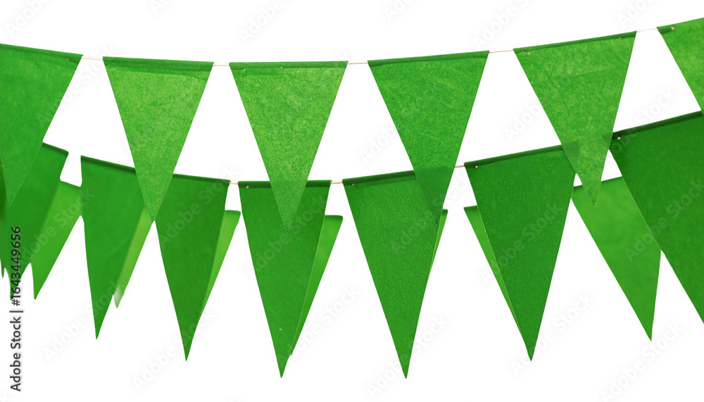 Poster bright green triangular flags hanging on a string as festive decor against a transparent background