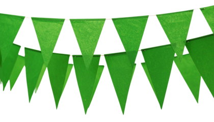  Bright green triangular flags hanging on a string as festive decor against a transparent background