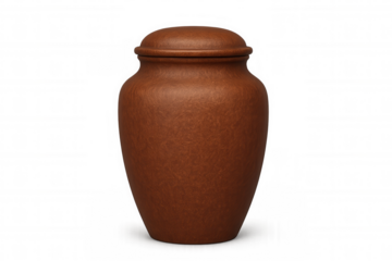 Closed brown ceramic funeral urn resting in solitude, isolated on a transparent background, conveying a sense of dignity and remembrance