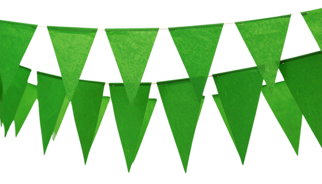  Bright green triangular flags hanging on a string as festive decor against a transparent background