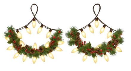 Realistic glowing Christmas string lights with warm yellow bulbs, decorative festive garland arranged in hanging loops, isolated PNG on transparent background, high-quality design for holiday cards, i