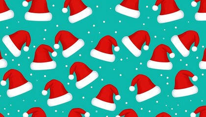 Seamless pattern with many santa claus hats falling on turquoise background with snow dots, ideal for christmas wrapping paper or greeting card