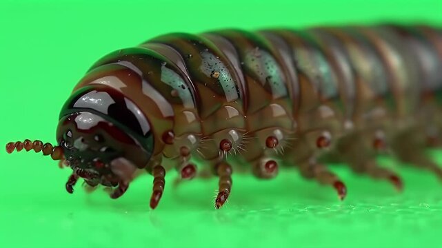 Macro Close-up of a Segmented Millipede or Centipede-like Arthropod Crawling on a Vibrant Green Background, Detailed Insect Body