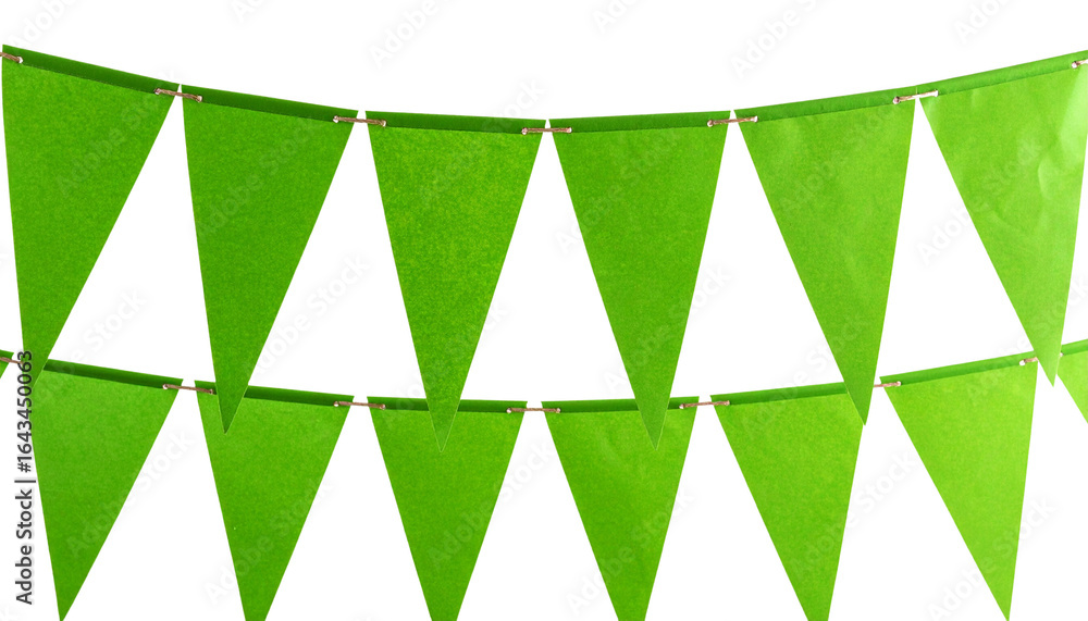 Aufkleber bright green triangular flags hanging on a string as festive decor against a transparent background