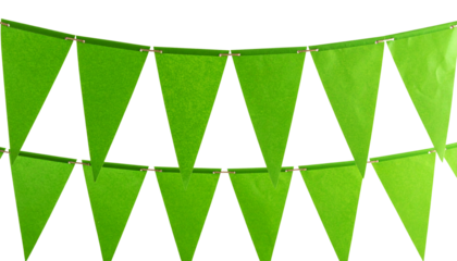  Bright green triangular flags hanging on a string as festive decor against a transparent background