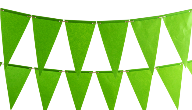  Bright green triangular flags hanging on a string as festive decor against a transparent background