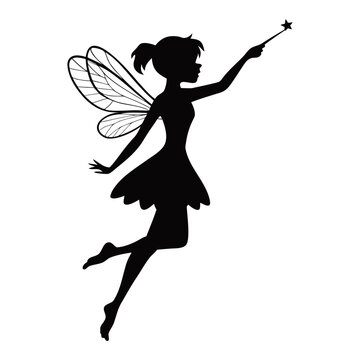 Dynamic Silhouette of Flying Fairy with Star Wand in Elegant Dress and Wide Wings Minimalist Black and White Magical Art