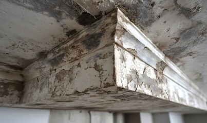 Inspecting ceiling damage mold peeling paint water damage repair home renovation restoration project