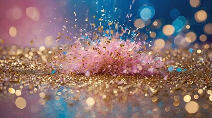 A close up of pink fluff with gold confetti and bokeh lights on a blue and pink background