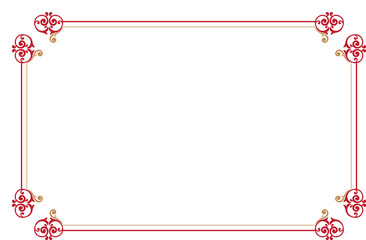 Elements of ornate vintage frames. Border red gold on white classic calligraphy swirls. Design print for greeting cards, wedding invitations, restaurant menu, royal certificates. Set 707
