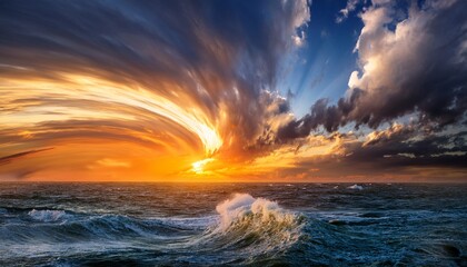 awe inspiring ocean vortex underneath a dramatic sunset sky with swirling clouds and rays of light