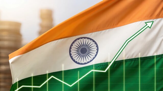 India&rsquo;s national flag with rising economy trend line &mdash; symbolizing financial progress and technology
