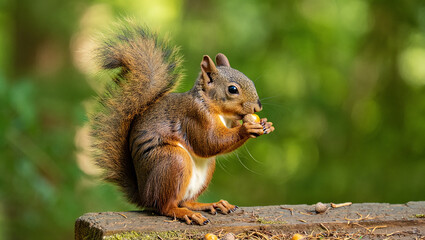 Obraz premium Adorable red squirrel eating a nut in a forest setting
