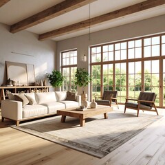 Sunlit living room with hardwood floors, large windows, and wooden beams