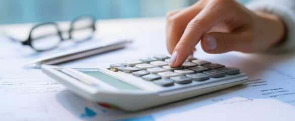 The hand using a calculator for business financial calculations and analysis