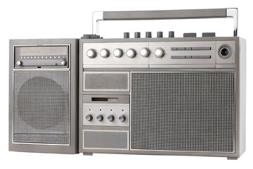 Obraz premium Vintage stereo boombox with silver accents isolated on a transparent background radio