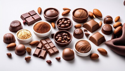 assorted chocolates and nuts arranged on white background for world chocolate day