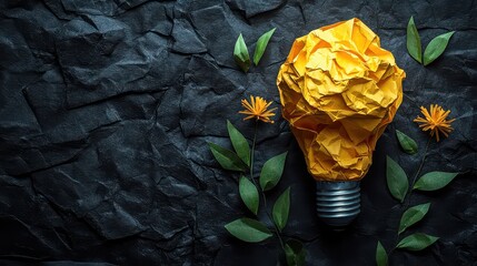 Crumpled paper lightbulb with leaves and flowers on dark background.