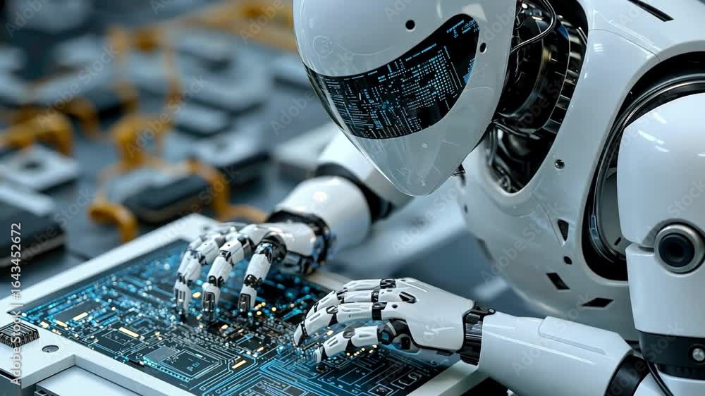 Poster futuristic robot showcases advanced technology and intricate design on circuit board, embodying inno