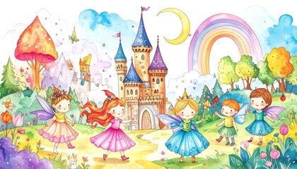 Watercolor fairy tale scene with castle and children