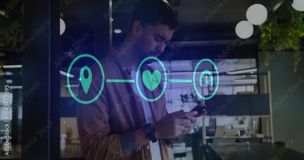 Poster Man tapping smartphone in office generating 3D location, heart and gauge icons monitoring health