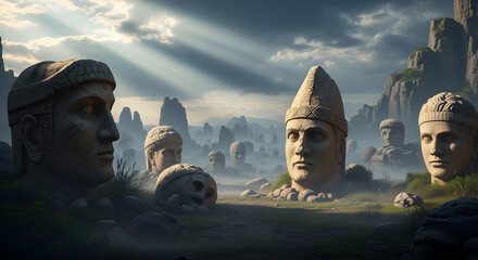 Mysterious Stone Heads in a Misty Mountain Valley Fantasy Landscape with Ancient Statues