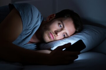 Man lying in bed at night using a smartphone with a focused and thoughtful expression